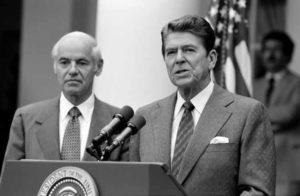 8/3/1981 President Reagan with William French Smith making a statement to the press regarding the air traffic controllers strike PATCO from the Rose Garden
